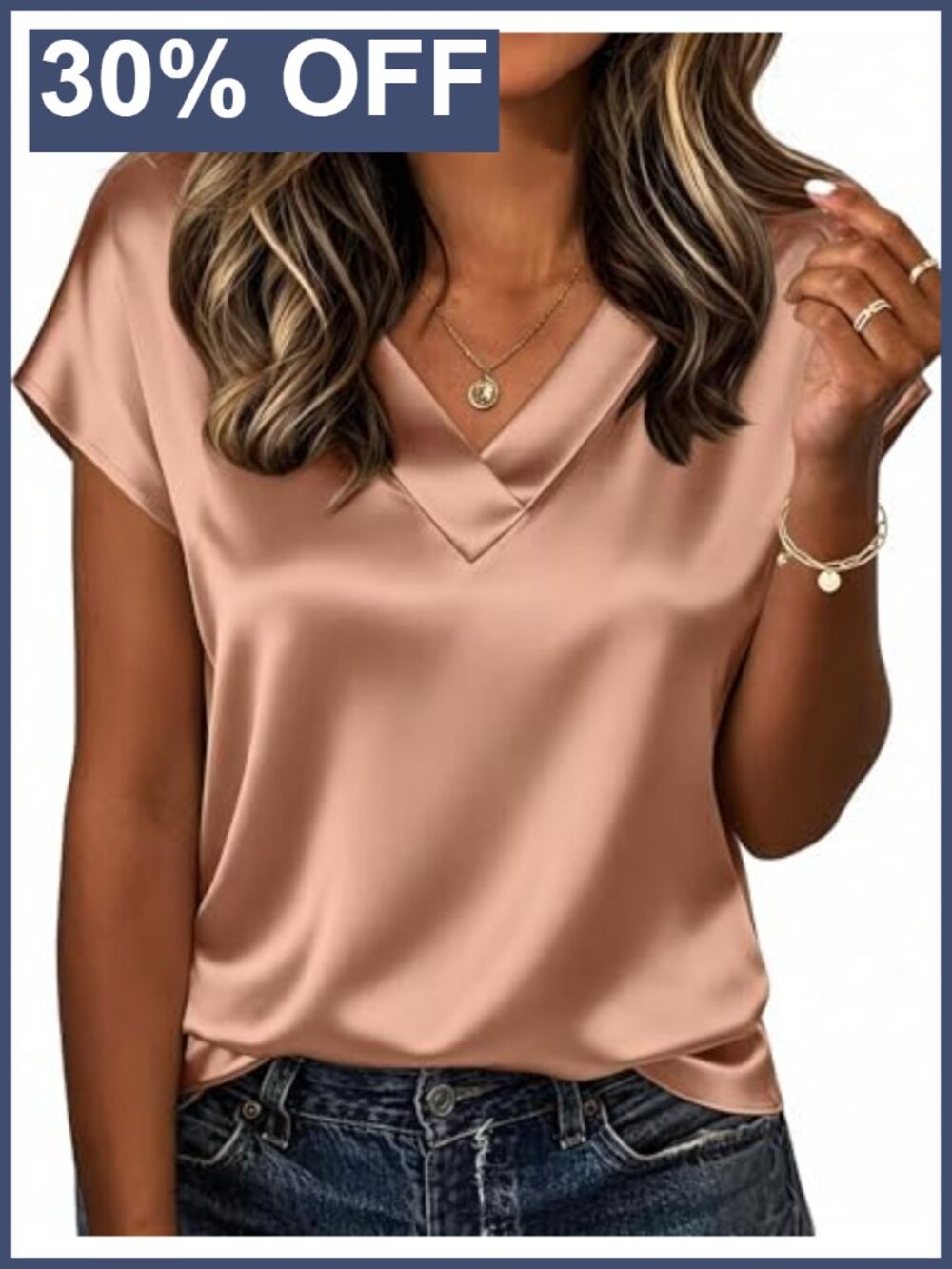 Zeagoo Satin V Neck Short Sleeve Blouse Business Casual Top